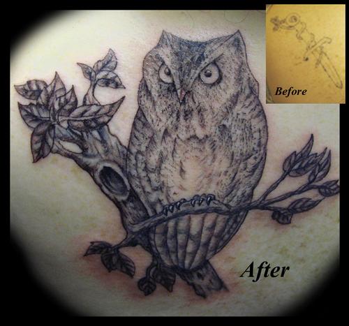 Owl cover up of old sword tattoo Allow your artist to do what needs to be 